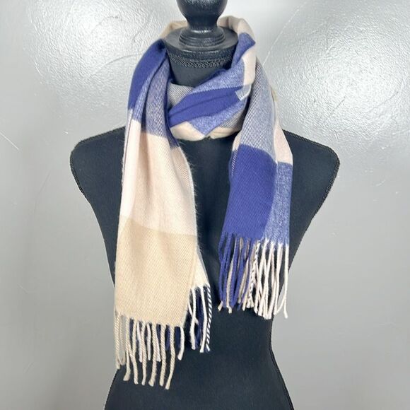Cashmere Scarf Made in Germany Blue Cream Tan with Fringe - Picture 10 of 12
